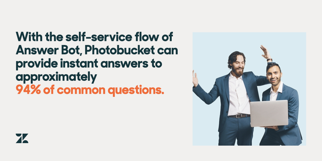 Image showing two business people standing holding a laptop with their arms in the air as if celebrating, with text that reads: With Answer Bot's self-service flow, Photobucket can provide instant answers to approximately 94 percent of common questions.